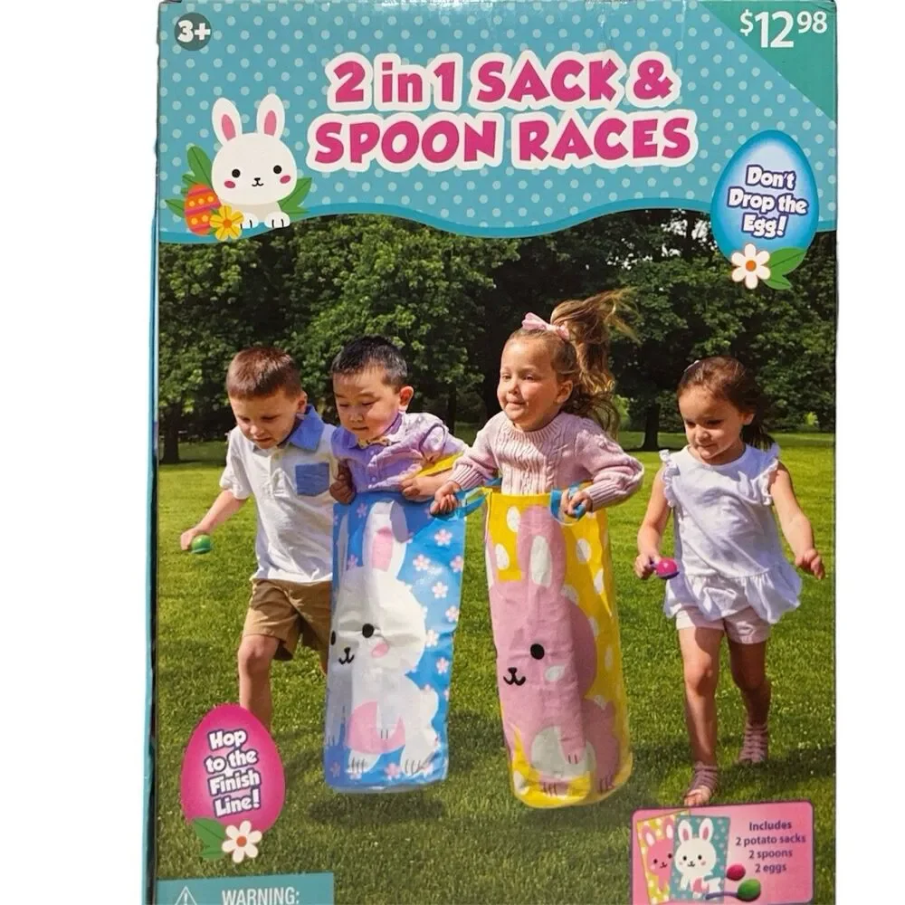 2x Easter Family Fun Activity For Kids Chick-TacToe and 2in1 Sack and Spoon Race